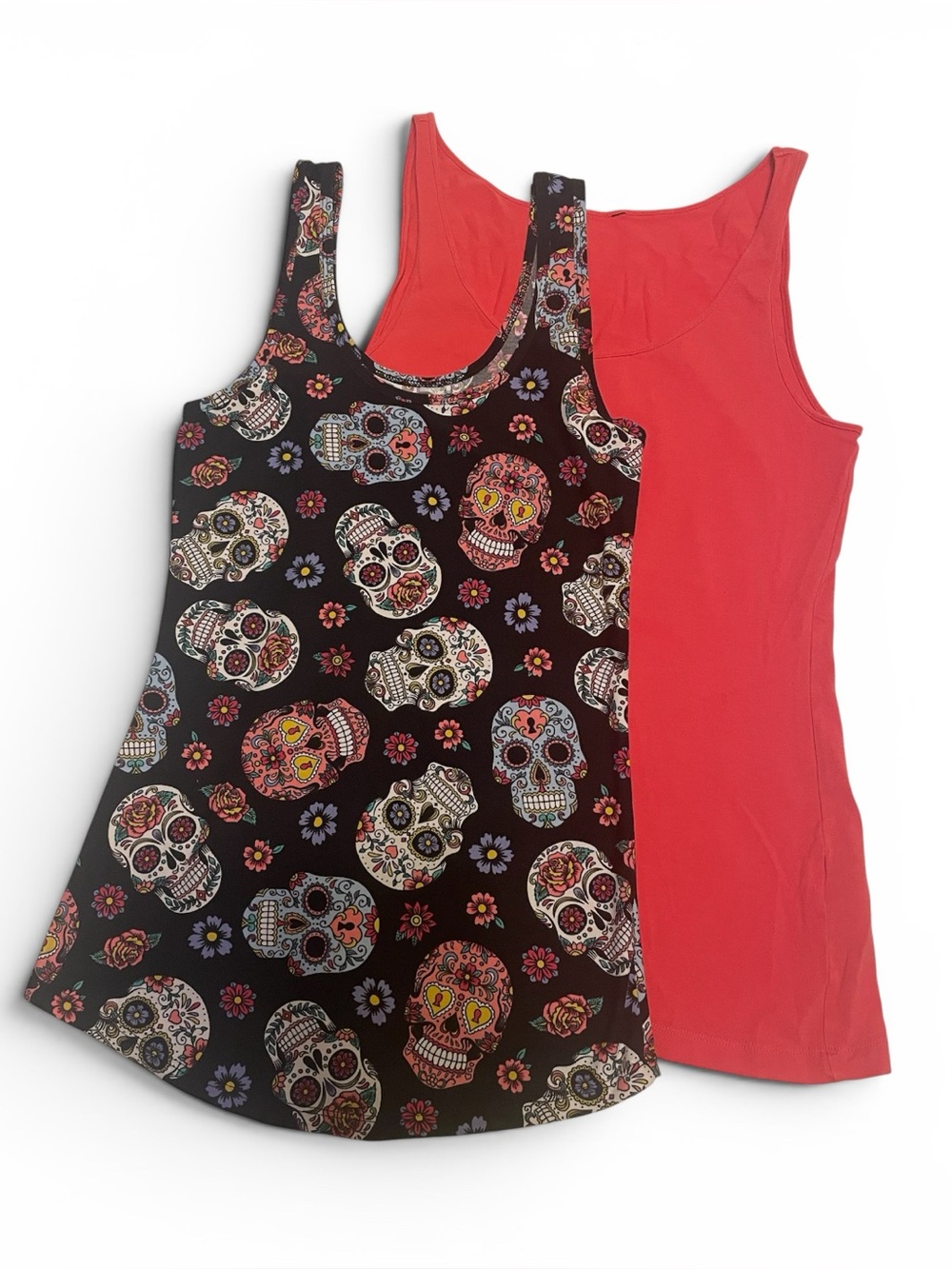 Set of 2 Tank Tops- Sugar Skull Print & Coral Solid. Size S